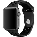 Silicone Apple Watch strap in Black and Blue, size 38mm, showing Strap closure and side angle view