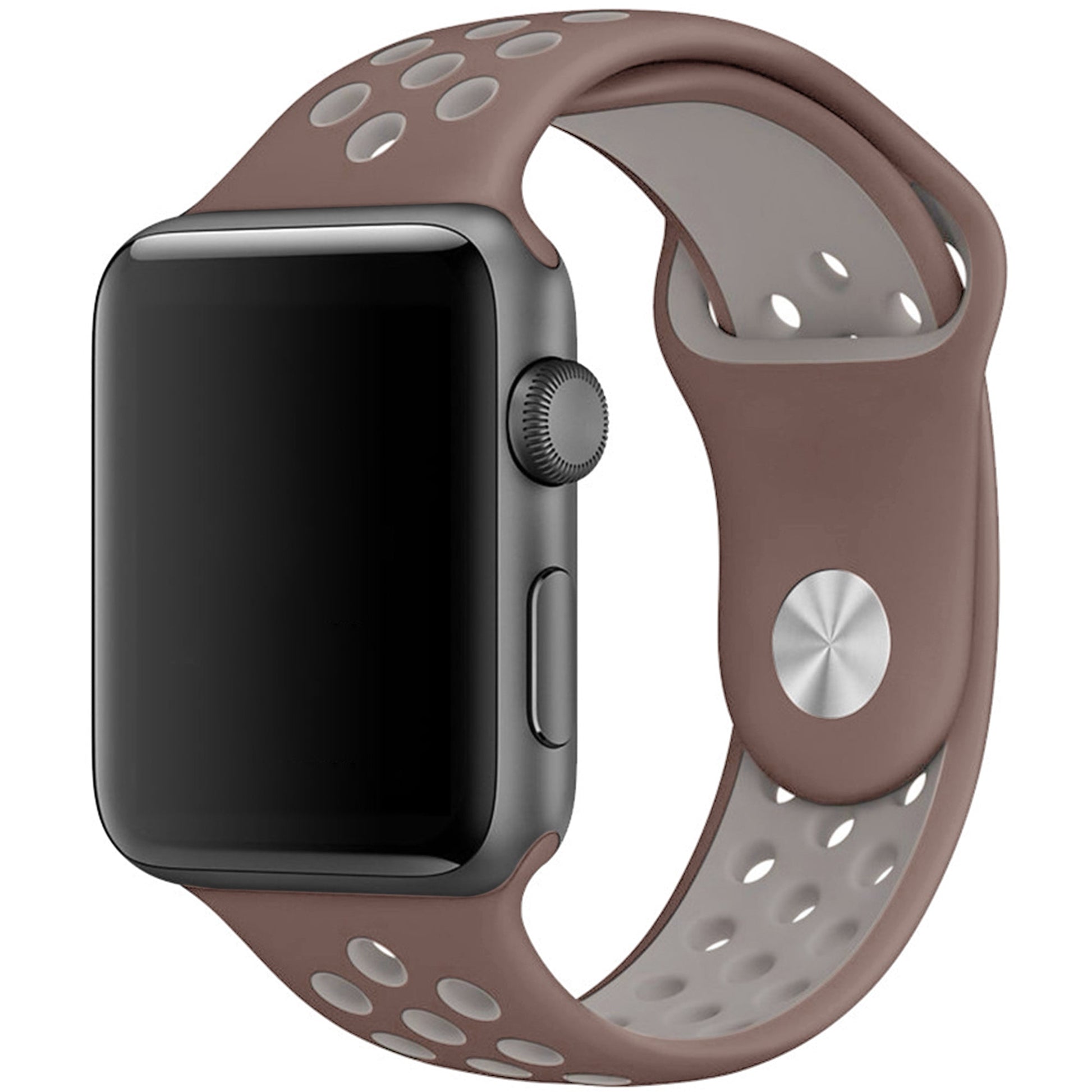 Silicone Apple Watch strap in Brown Cream, size 42mm, showing Strap closure and side angle view