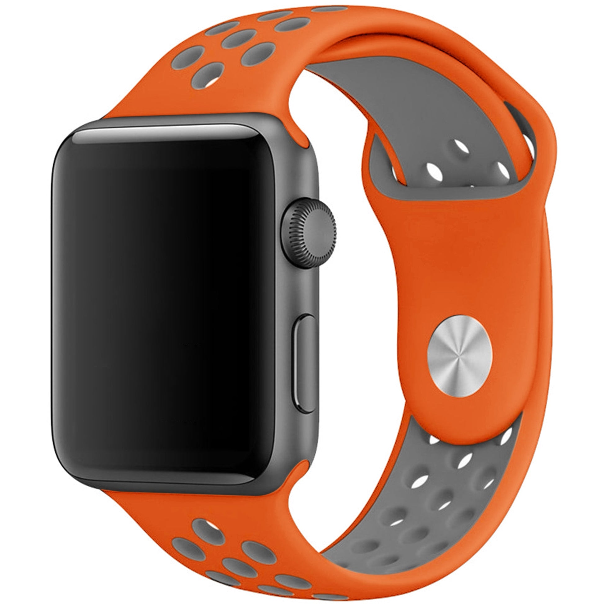Silicone Apple Watch strap in Pink and Light Green, size 42mm, showing Strap closure and side angle view