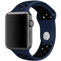 Silicone Apple Watch strap in Black and Pink, size 38mm, showing Strap closure and side angle view