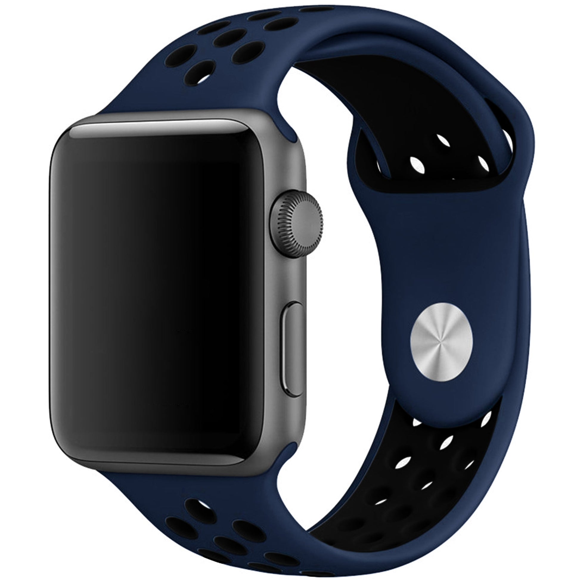 Silicone Apple Watch strap in Black and Pink, size 38mm, showing Strap closure and side angle view