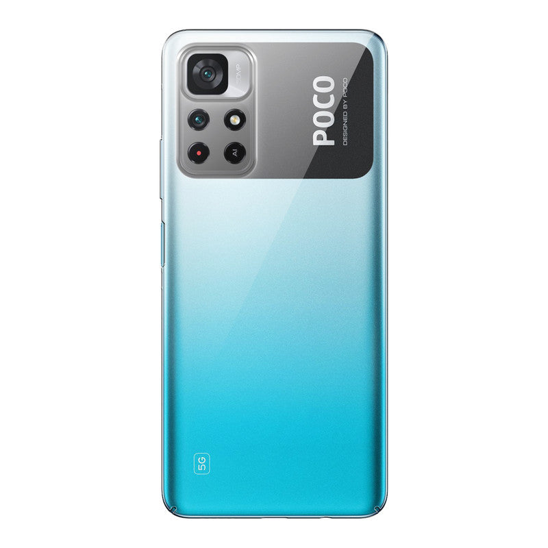 Back view of Poco M4 Pro 5G showing camera module and clean rear design with protective case