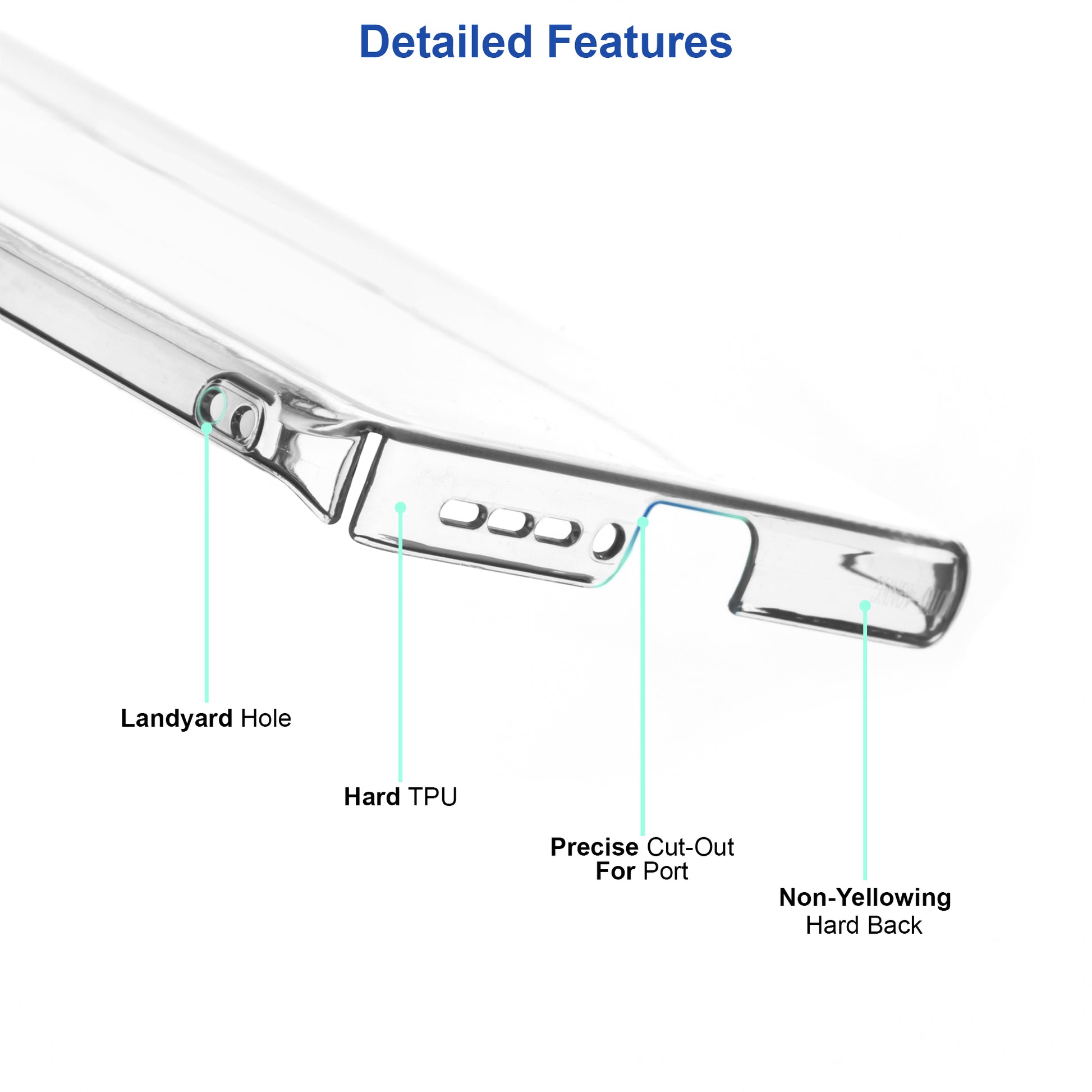 Side profile of clear hard back case highlighting lanyard hole, hard TPU edges, precise port cut-outs and non-yellowing back panel for Motorola Moto G75 5G