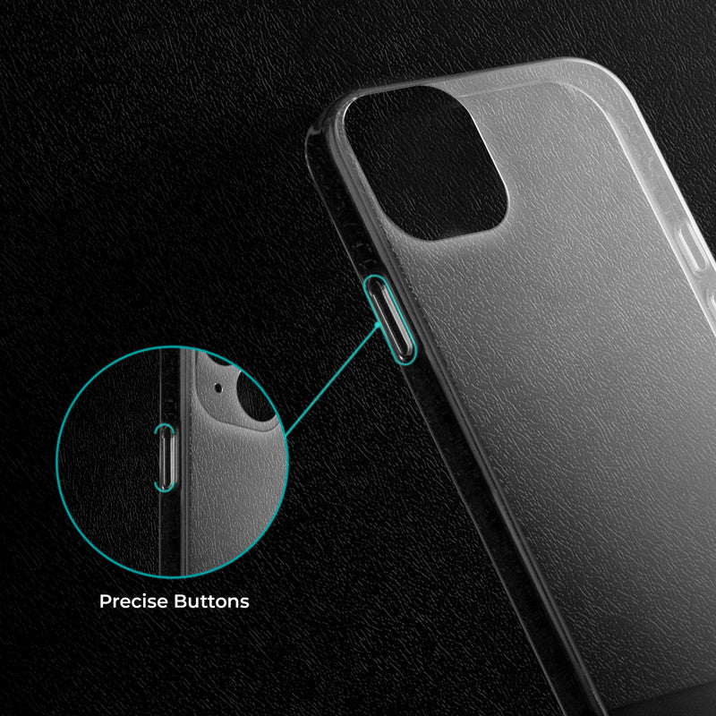 Close-up view of transparent case showing precise button cutouts and responsive side button coverage for Apple iPhone 15 Plus