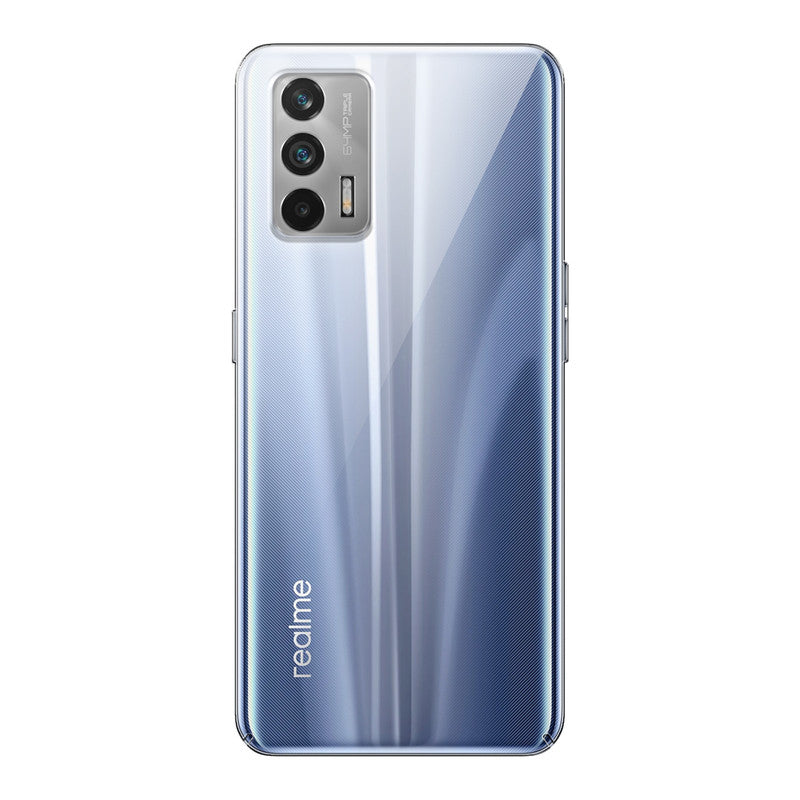 Back view of Realme GT 5G showing camera module and clean rear design with protective case