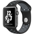 Silicone Apple Watch strap in Black and Grey, size 42mm, showing Strap closure and side angle view