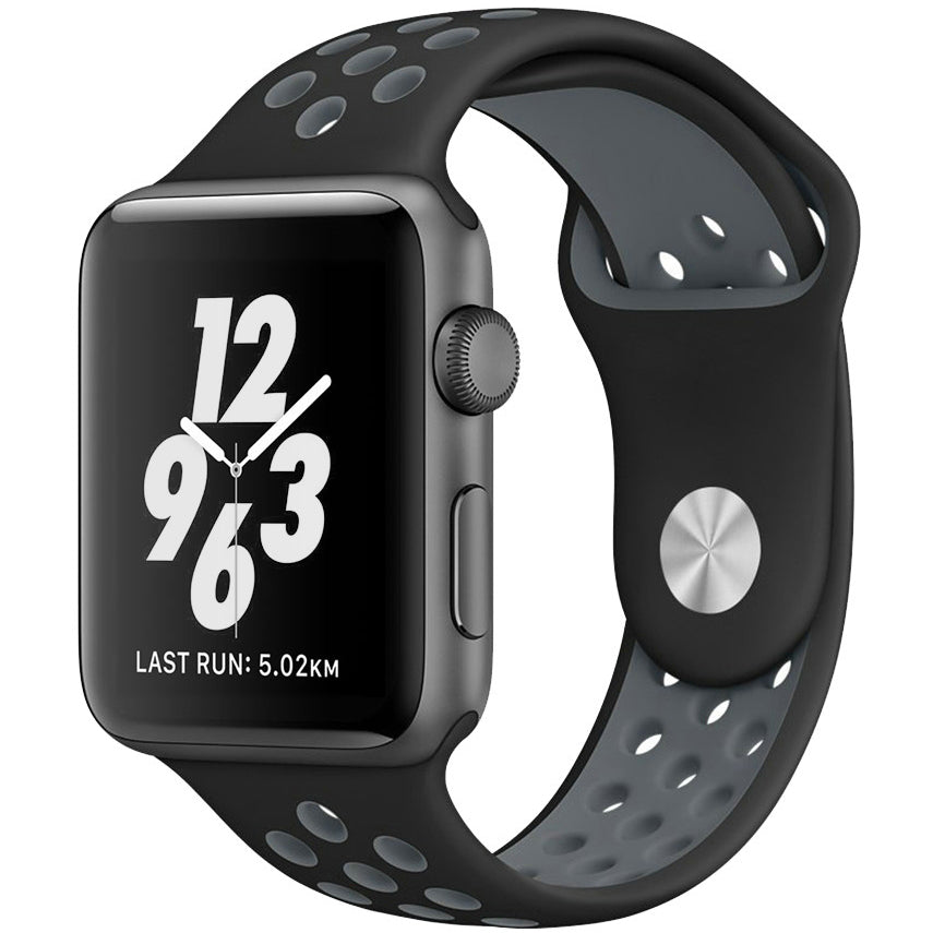 Silicone Apple Watch strap in Black and Grey, size 42mm, showing Strap closure and side angle view