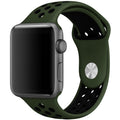 Silicone Apple Watch strap in Black and Red, size 38mm, showing Strap closure and side angle view