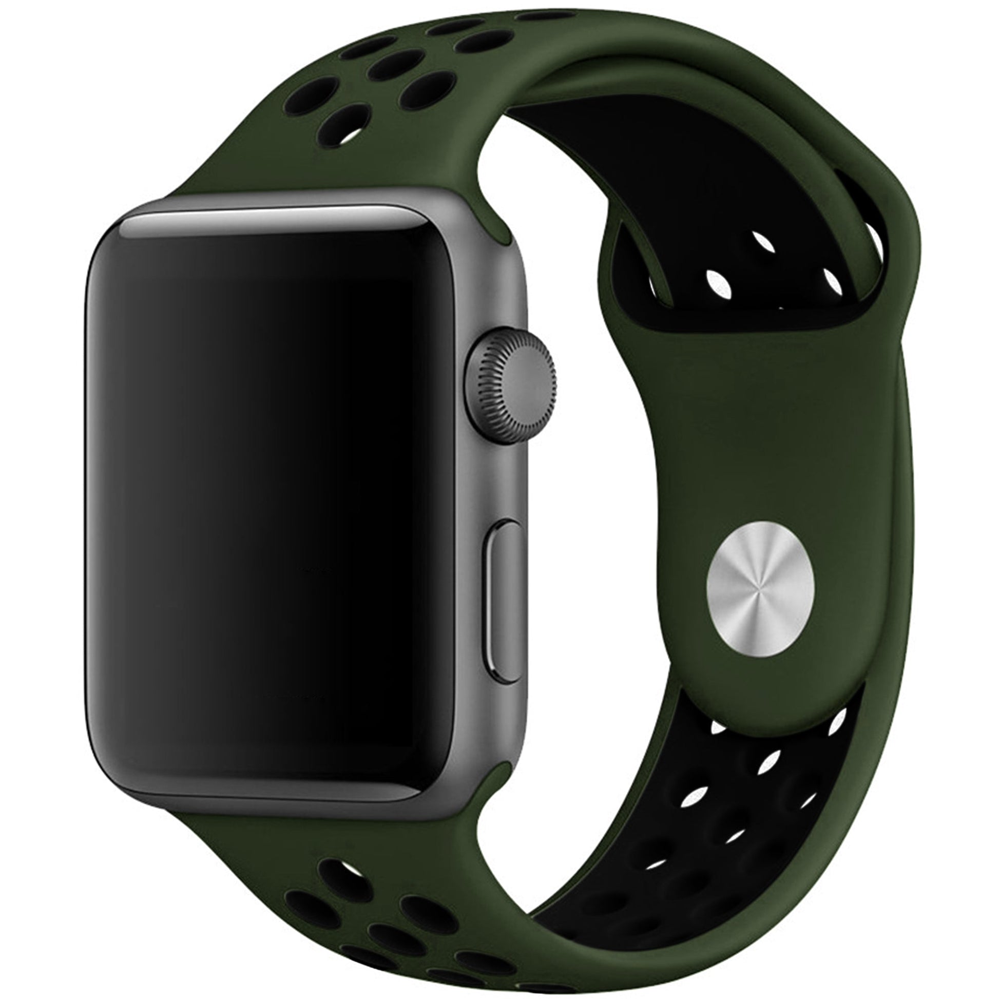 Silicone Apple Watch strap in Black and Red, size 38mm, showing Strap closure and side angle view