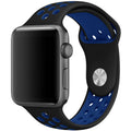 Silicone Apple Watch strap in Black and Blue, size 42mm, showing Strap closure and side angle view