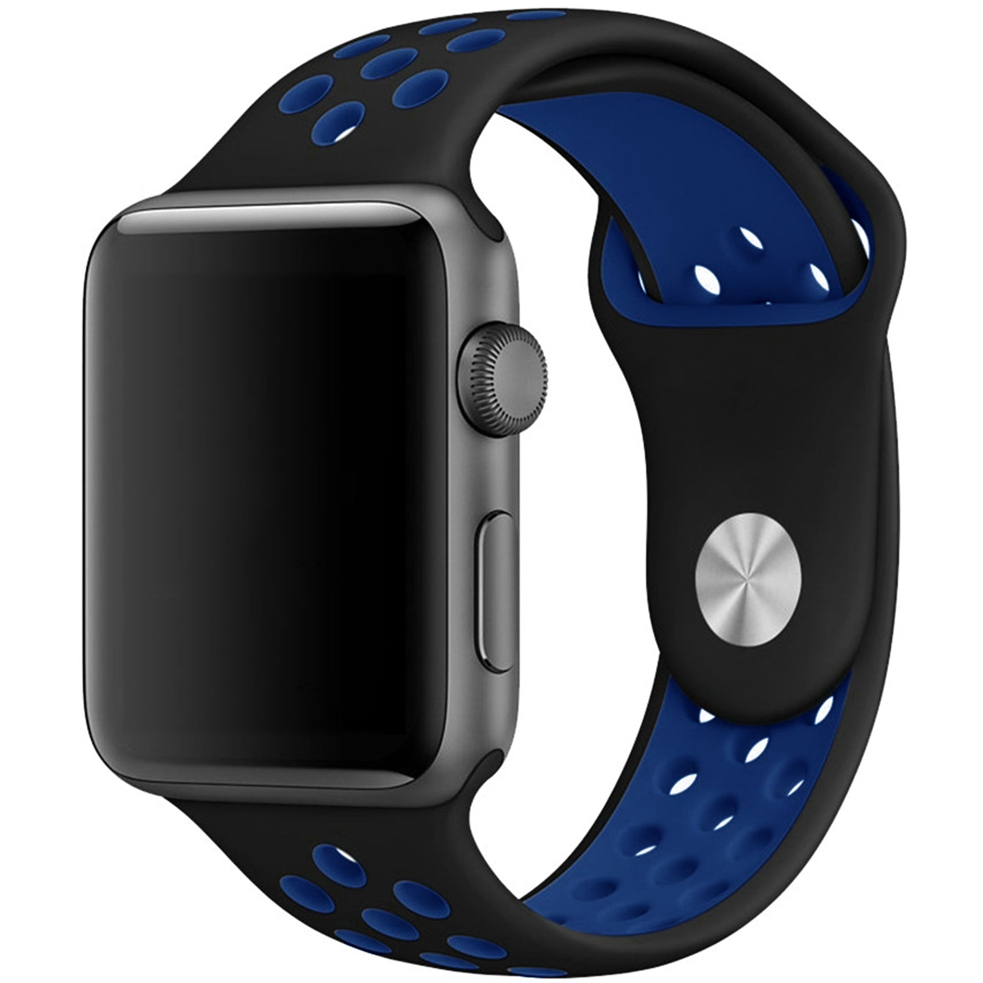 Silicone Apple Watch strap in Black and Blue, size 42mm, showing Strap closure and side angle view
