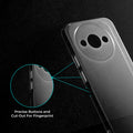 Close-up view of transparent case showing precise button cutouts and responsive side button coverage for Redmi A3x