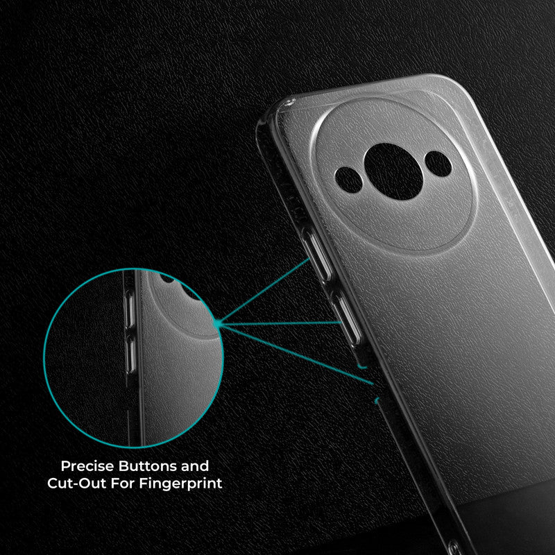 Close-up view of transparent case showing precise button cutouts and responsive side button coverage for Redmi A3x
