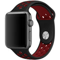 Silicone Apple Watch strap in Nevy blue and White, size 42mm, showing Strap closure and side angle view