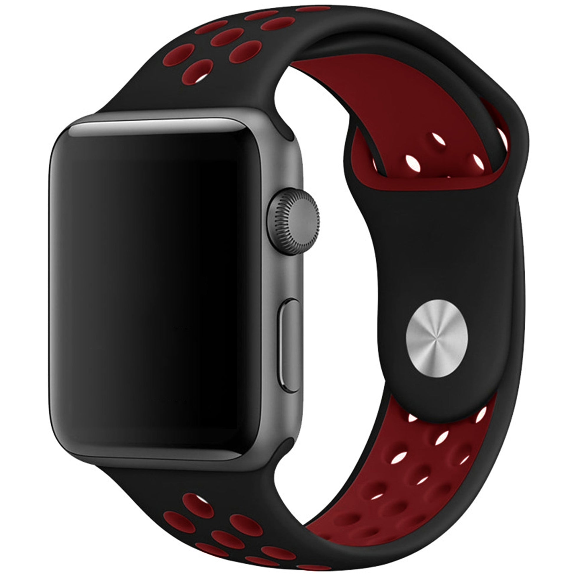 Silicone Apple Watch strap in Nevy blue and White, size 42mm, showing Strap closure and side angle view