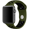 Silicone Apple Watch strap in Green and Black, size 42mm, showing Strap closure and side angle view