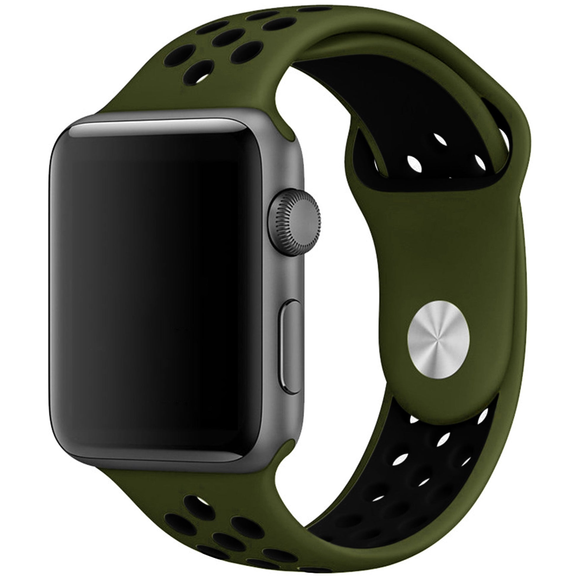Silicone Apple Watch strap in Green and Black, size 42mm, showing Strap closure and side angle view