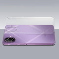 Transparent hard back case being installed on Samsung M17e 5G showing perfect alignment and camera protection fit