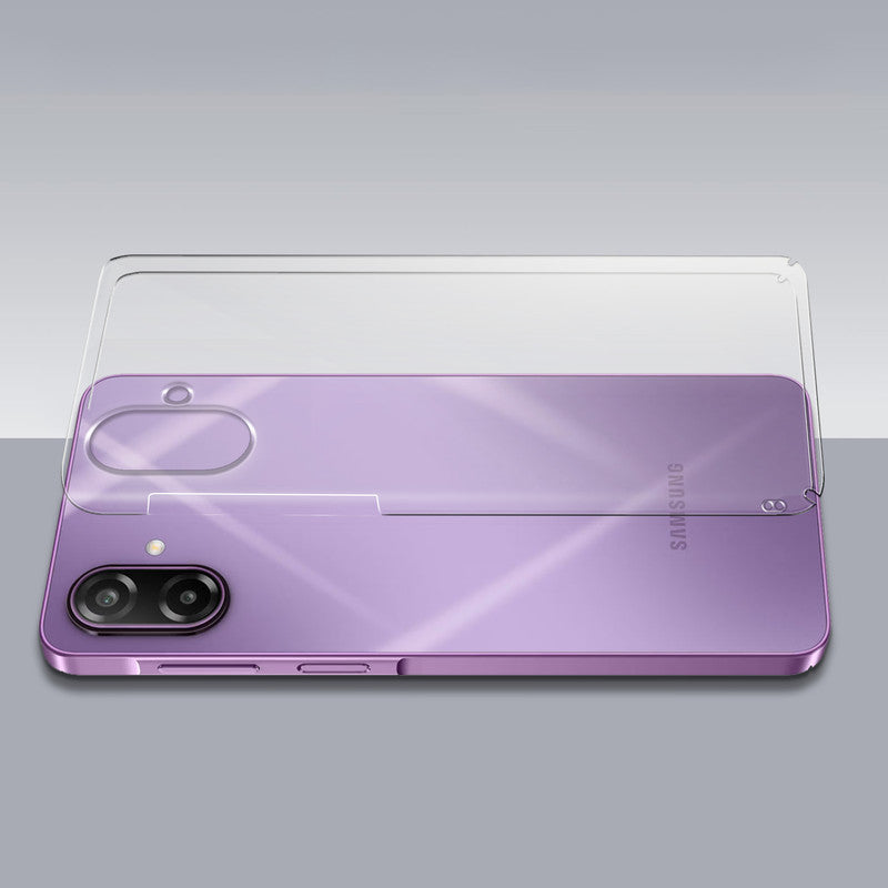 Transparent hard back case being installed on Samsung M17e 5G showing perfect alignment and camera protection fit