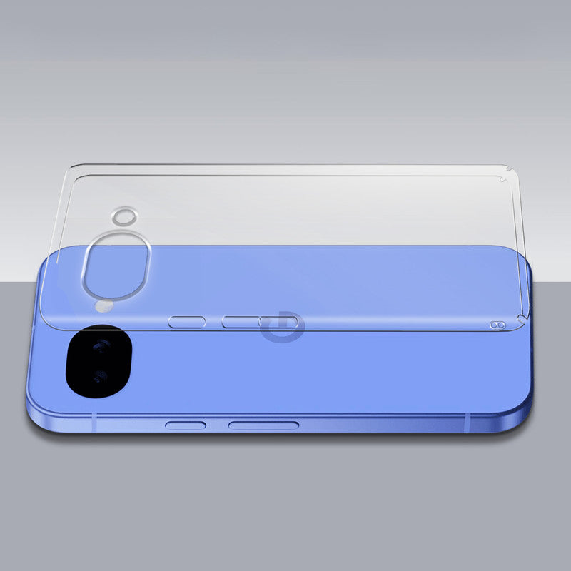 Transparent hard back case being installed on Google Pixel 10A 5G showing perfect alignment and camera protection fit