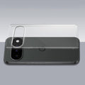 Transparent hard back case being installed on Google Pixel 11 5G showing perfect alignment and camera protection fit