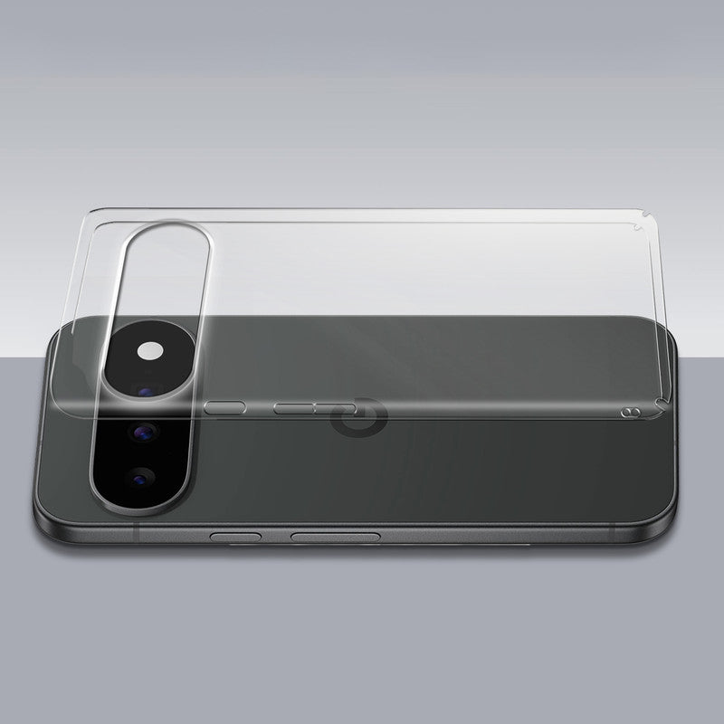 Transparent hard back case being installed on Google Pixel 11 5G showing perfect alignment and camera protection fit