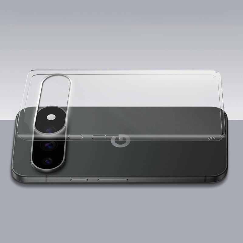 Transparent hard back case being installed on Google Pixel 11 Pro 5G showing perfect alignment and camera protection fit