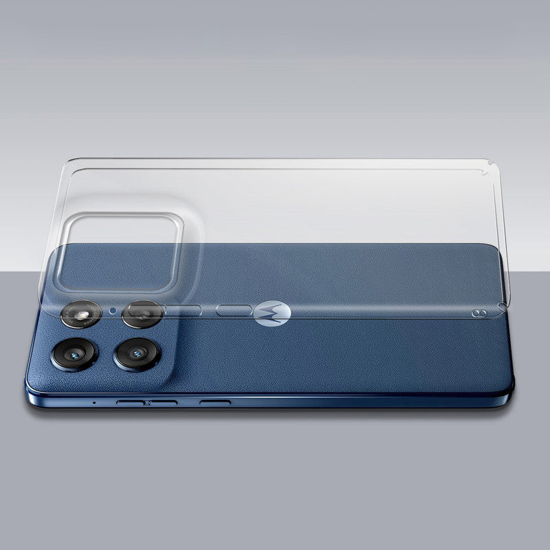 Transparent hard back case being installed on Motorola Moto Edge 60 Stylus 5G showing perfect alignment and camera protection fit