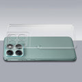 Transparent hard back case being installed on Motorola Moto Edge 70 Fusion 5G showing perfect alignment and camera protection fit