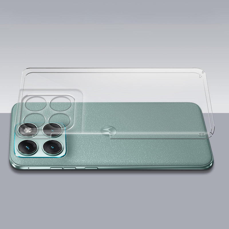 Transparent hard back case being installed on Motorola Moto Edge 70 Fusion 5G showing perfect alignment and camera protection fit