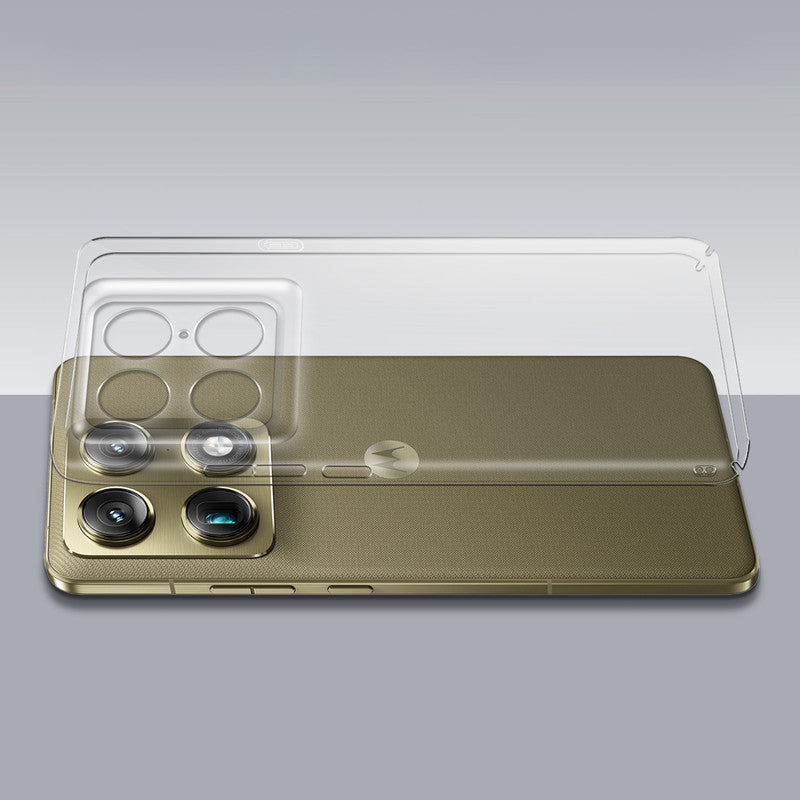 Transparent hard back case being installed on Motorola Signature showing perfect alignment and camera protection fit