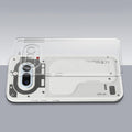 Transparent hard back case being installed on Nothing Phone 4A 5G showing perfect alignment and camera protection fit