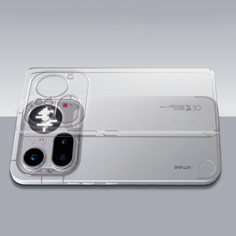 Transparent hard back case being installed on Nothing Phone 4A Pro 5G showing perfect alignment and camera protection fit