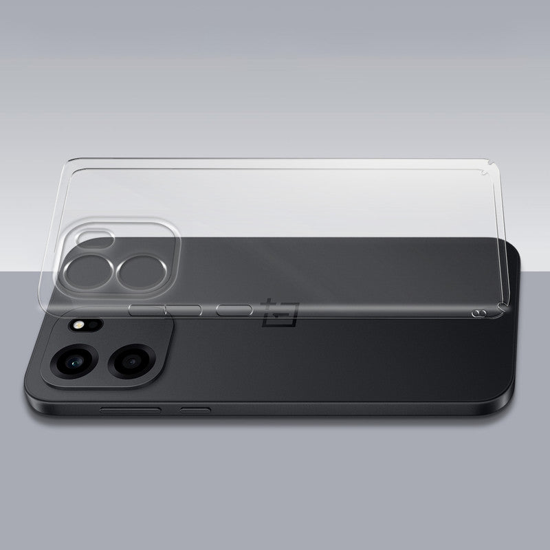 Transparent hard back case being installed on OnePlus Nord CE 6 5G showing perfect alignment and camera protection fit