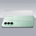 Transparent hard back case being installed on OnePlus Nord CE 6 Lite 5G showing perfect alignment and camera protection fit
