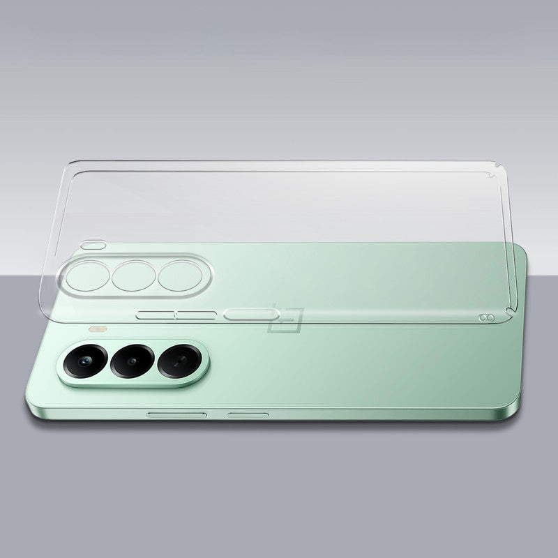 Transparent hard back case being installed on OnePlus Nord CE 6 Lite 5G showing perfect alignment and camera protection fit
