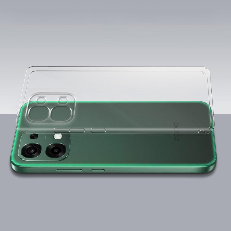Transparent hard back case being installed on Oppo F33 5G showing perfect alignment and camera protection fit