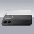 Transparent hard back case being installed on Poco X8 Pro 5G showing perfect alignment and camera protection fit