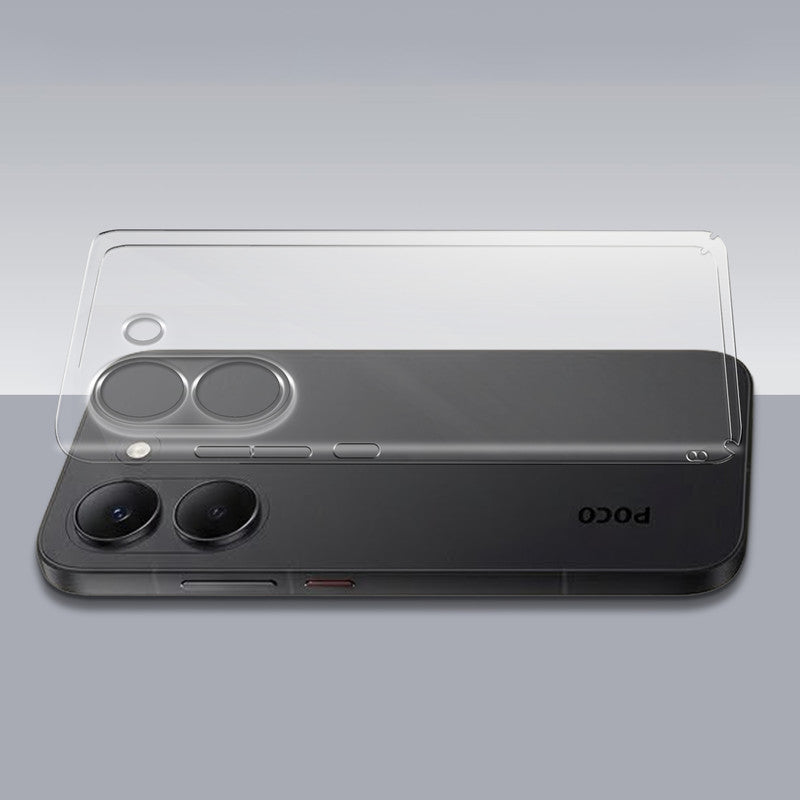 Transparent hard back case being installed on Poco X8 Pro 5G showing perfect alignment and camera protection fit