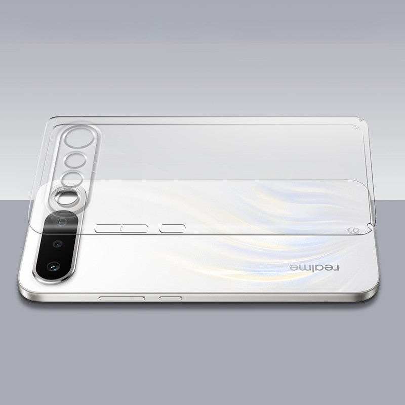 Transparent hard back case being installed on Realme 16 5G showing perfect alignment and camera protection fit