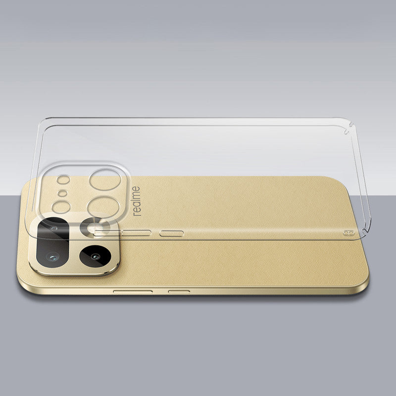 Transparent hard back case being installed on Realme 16 Pro 5G showing perfect alignment and camera protection fit