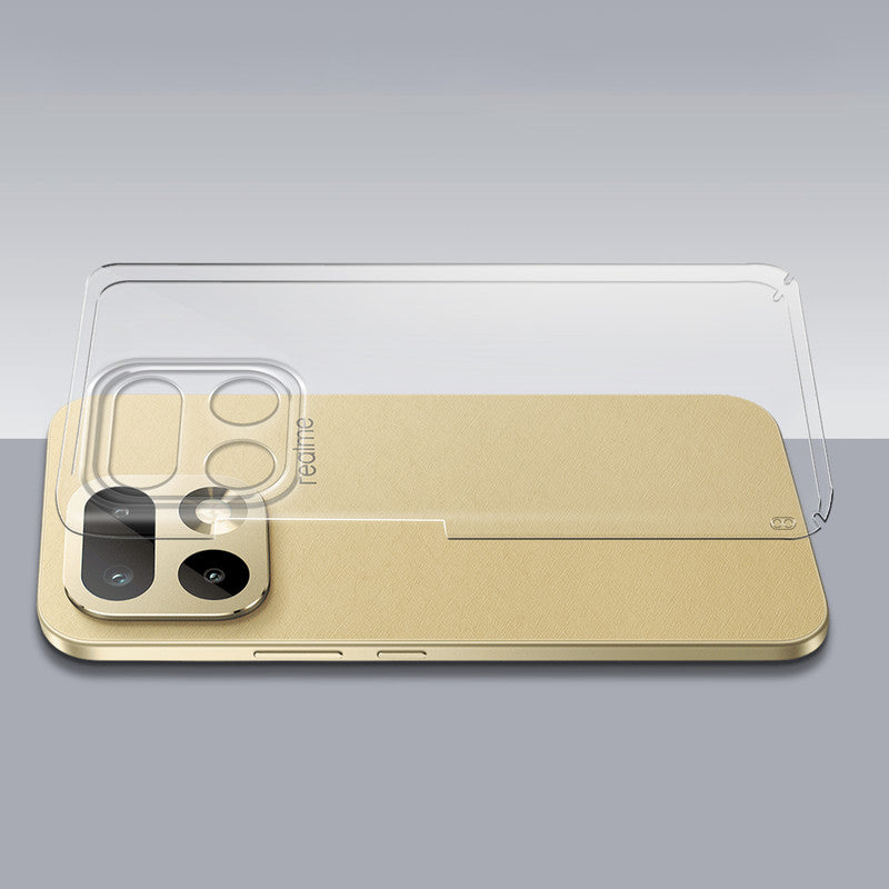 Transparent hard back case being installed on Realme 16 Pro Plus 5G showing perfect alignment and camera protection fit