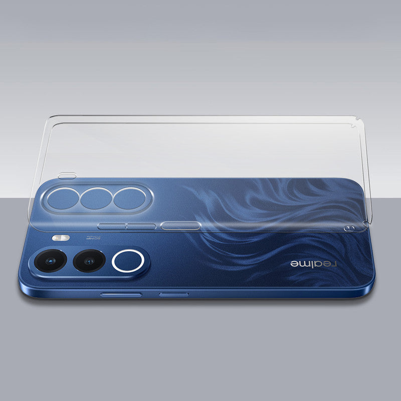 Transparent hard back case being installed on Realme C100x 5G showing perfect alignment and camera protection fit