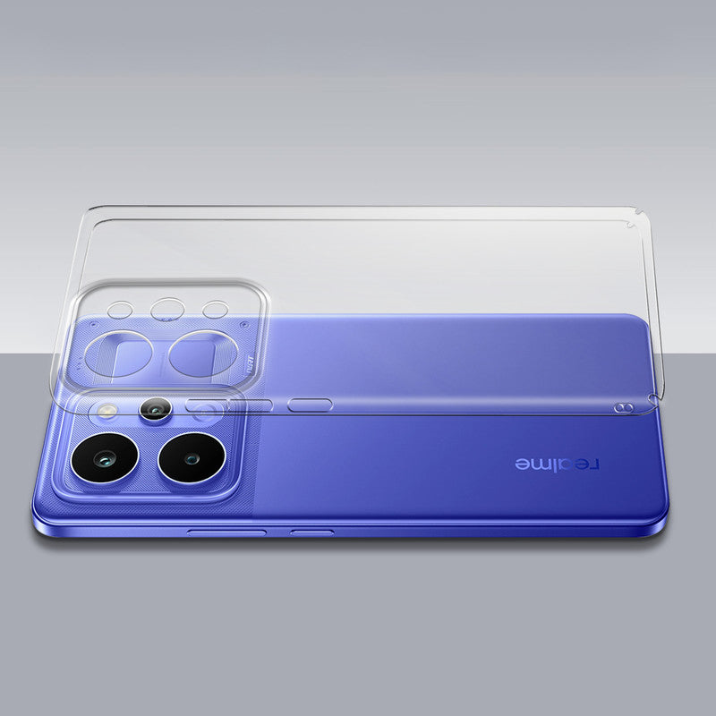 Transparent hard back case being installed on Realme P4 Power 5G showing perfect alignment and camera protection fit