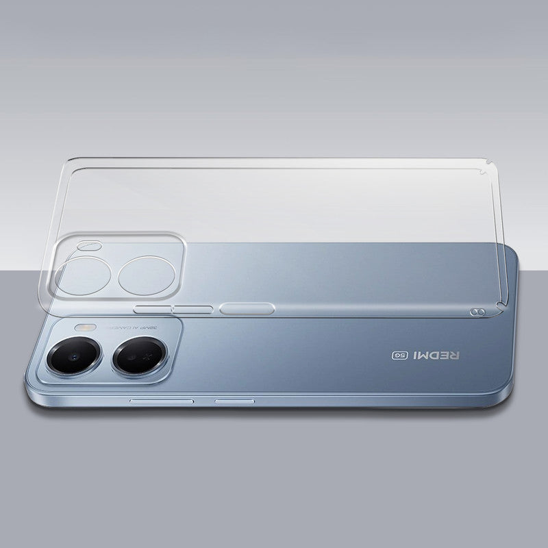 Transparent hard back case being installed on Redmi 15A 5G 5G showing perfect alignment and camera protection fit