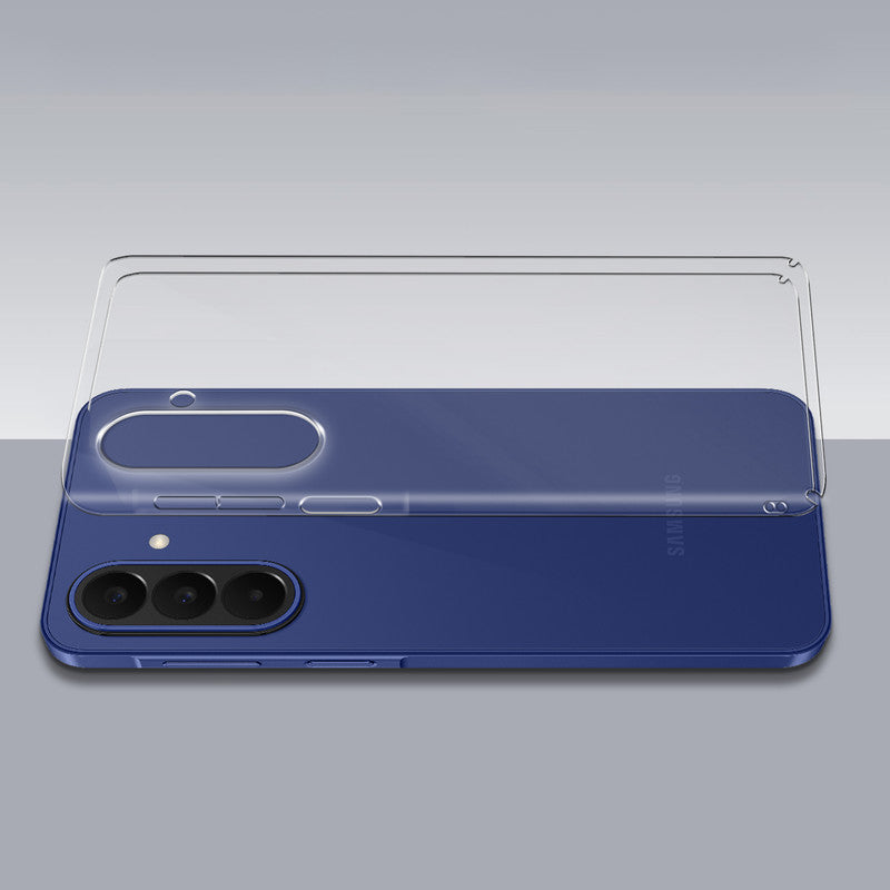 Transparent hard back case being installed on Samsung M47 5G showing perfect alignment and camera protection fit