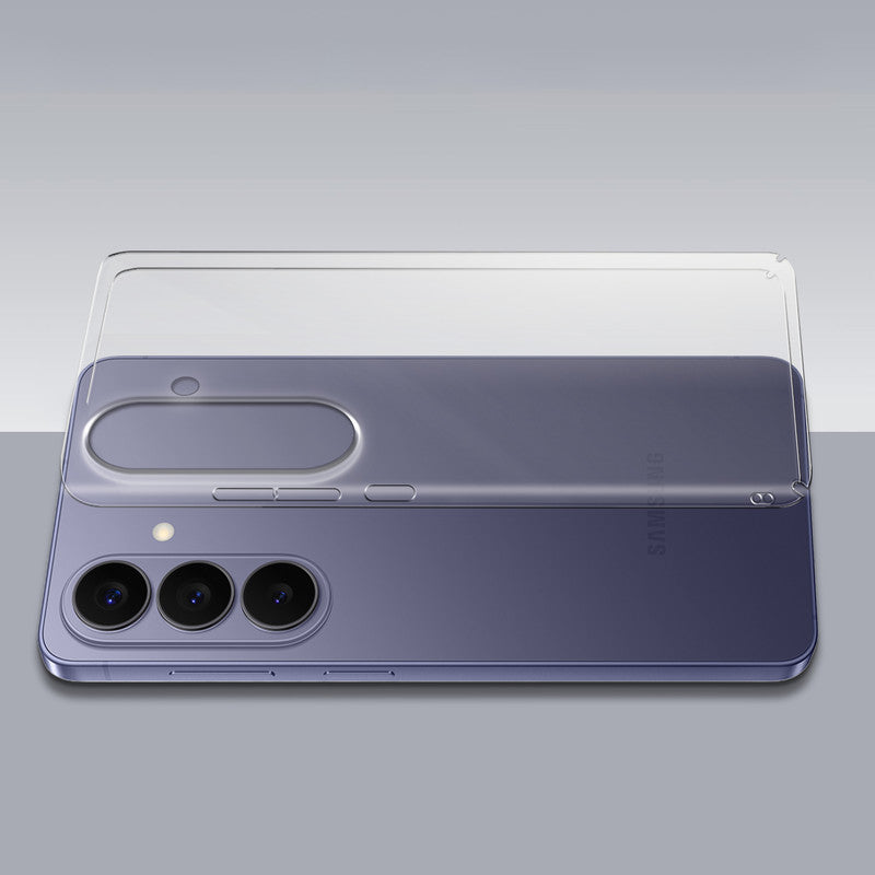 Transparent hard back case being installed on Samsung S26 Plus 5G showing perfect alignment and camera protection fit