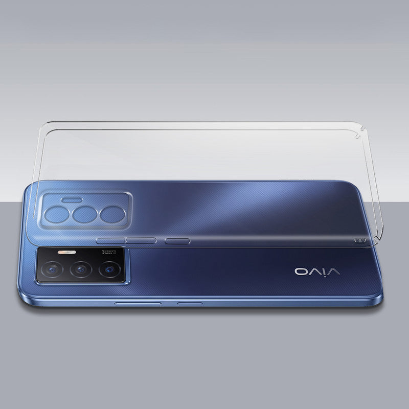 Transparent hard back case being installed on Vivo V23e 5G showing perfect alignment and camera protection fit