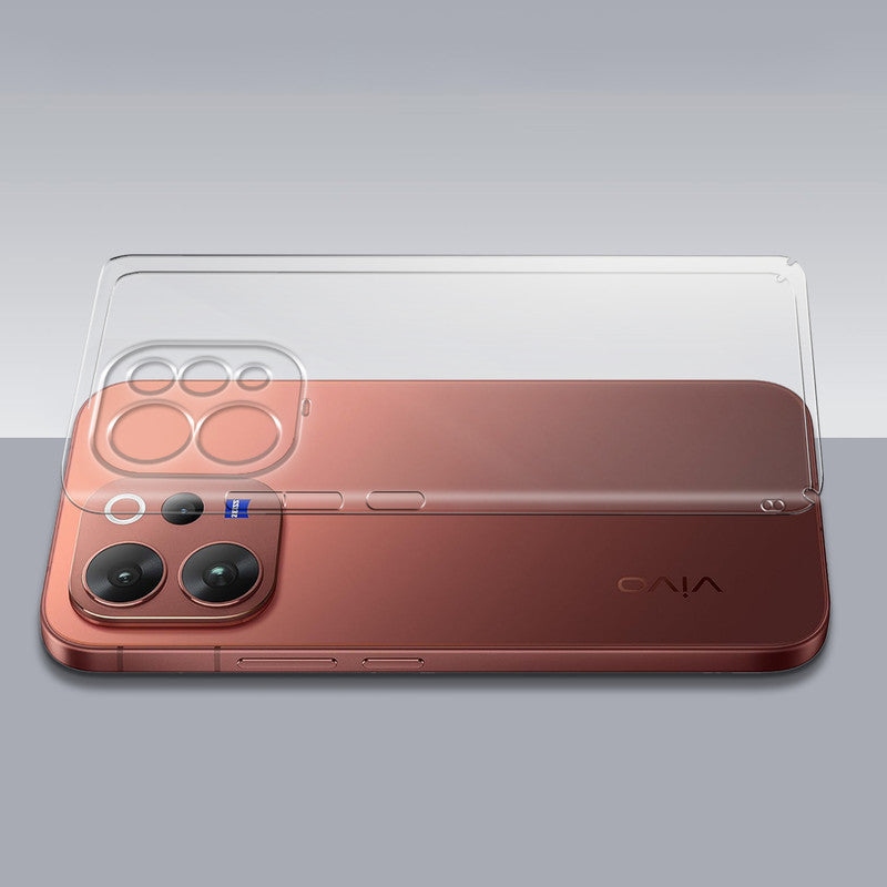 Transparent hard back case being installed on Vivo T5x 5G showing perfect alignment and camera protection fit