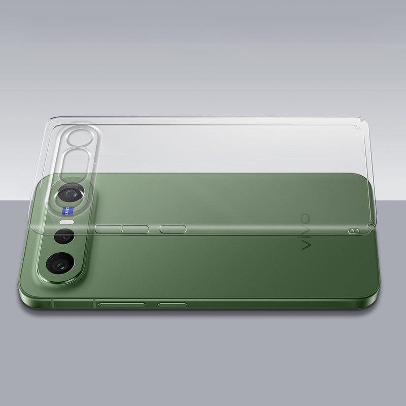 Transparent hard back case being installed on Vivo X300 FE 5G showing perfect alignment and camera protection fit